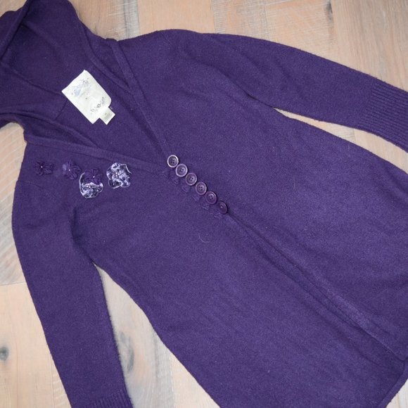 Women M Vintage Glam Long Open Flyaway Cardigan Hooded Bead Flowers Satin G15 - Picture 1 of 10